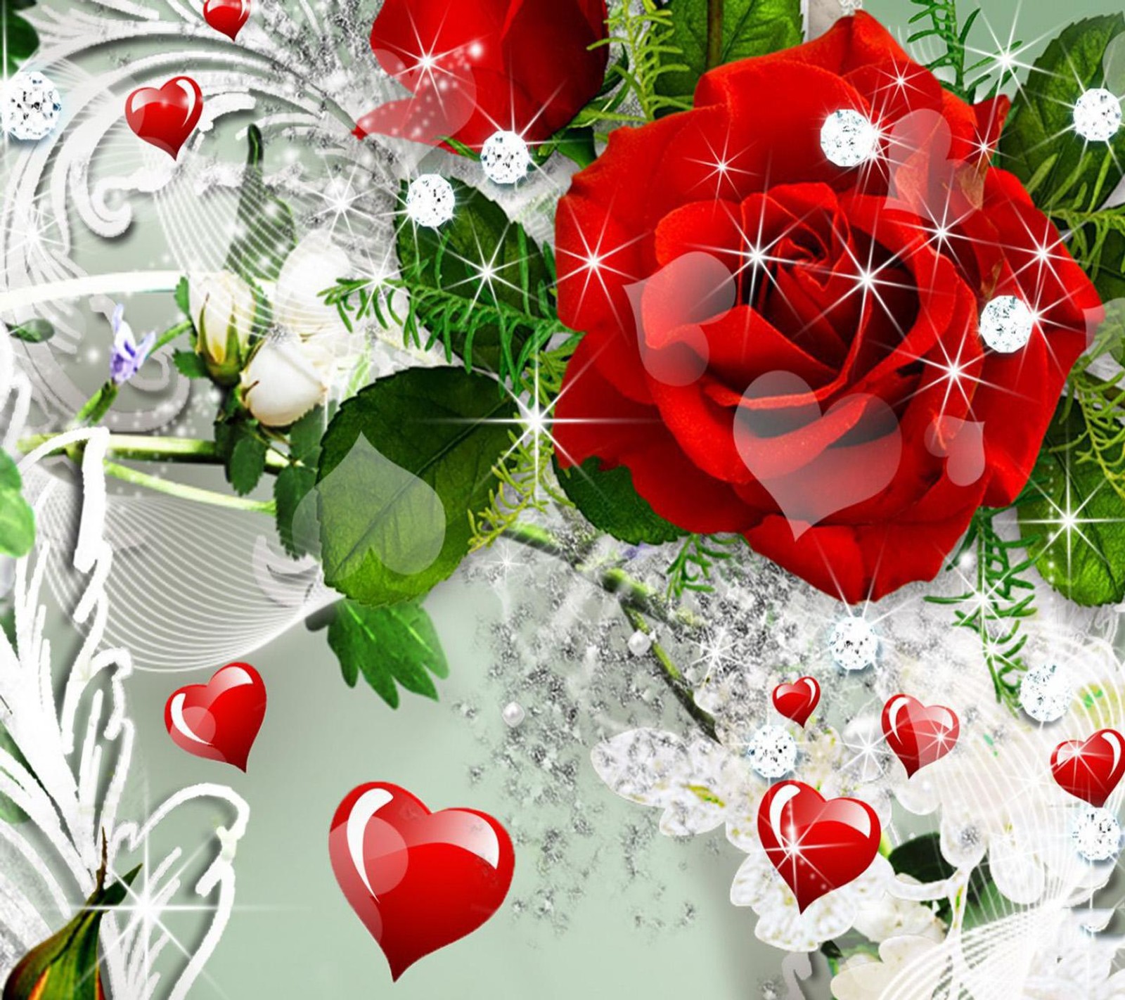 A close up of a red rose with hearts and flowers (love, wallpaper)