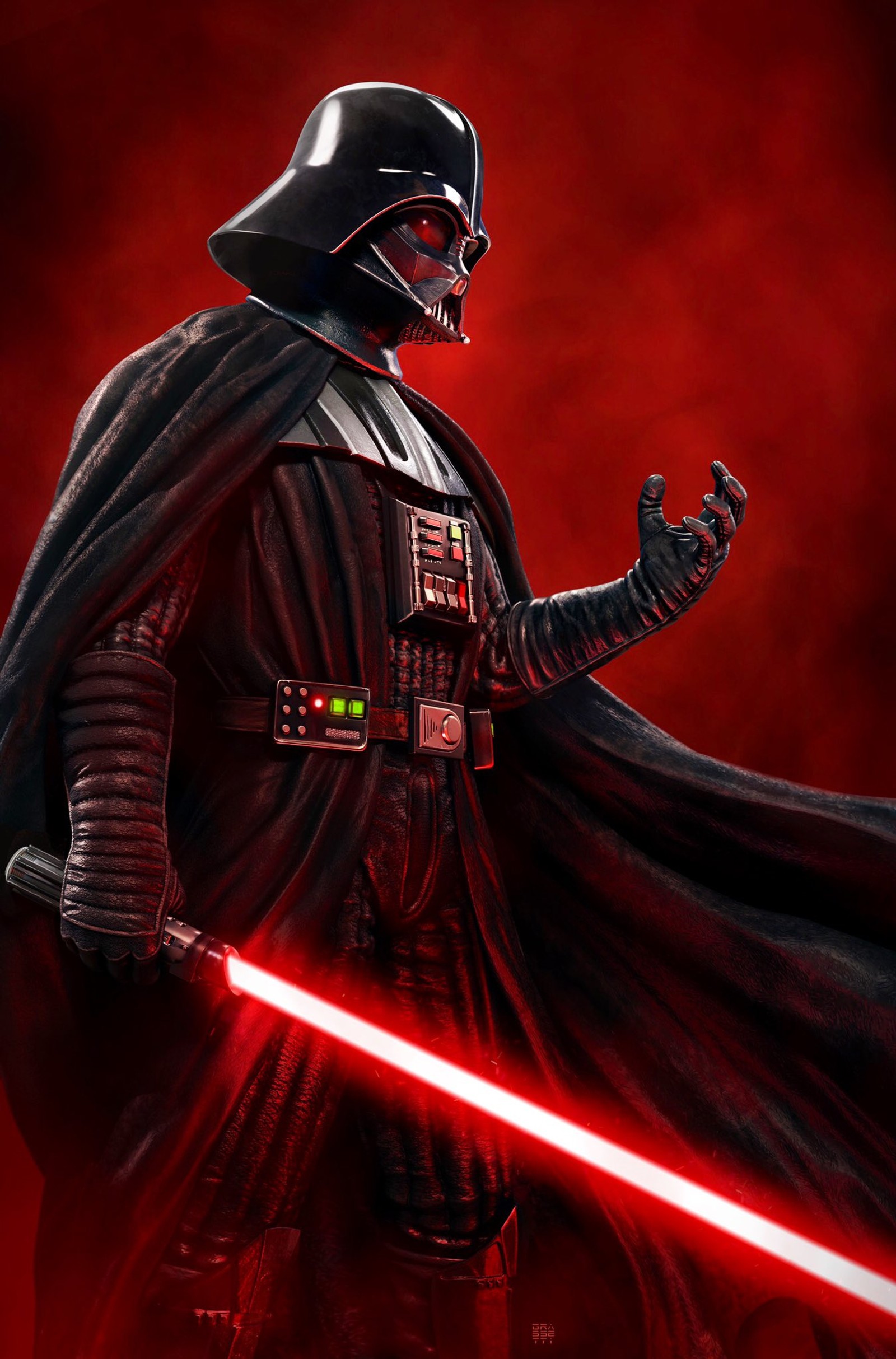 Darth vader with a red light saber in his hand (darth vader, star wars, vader)