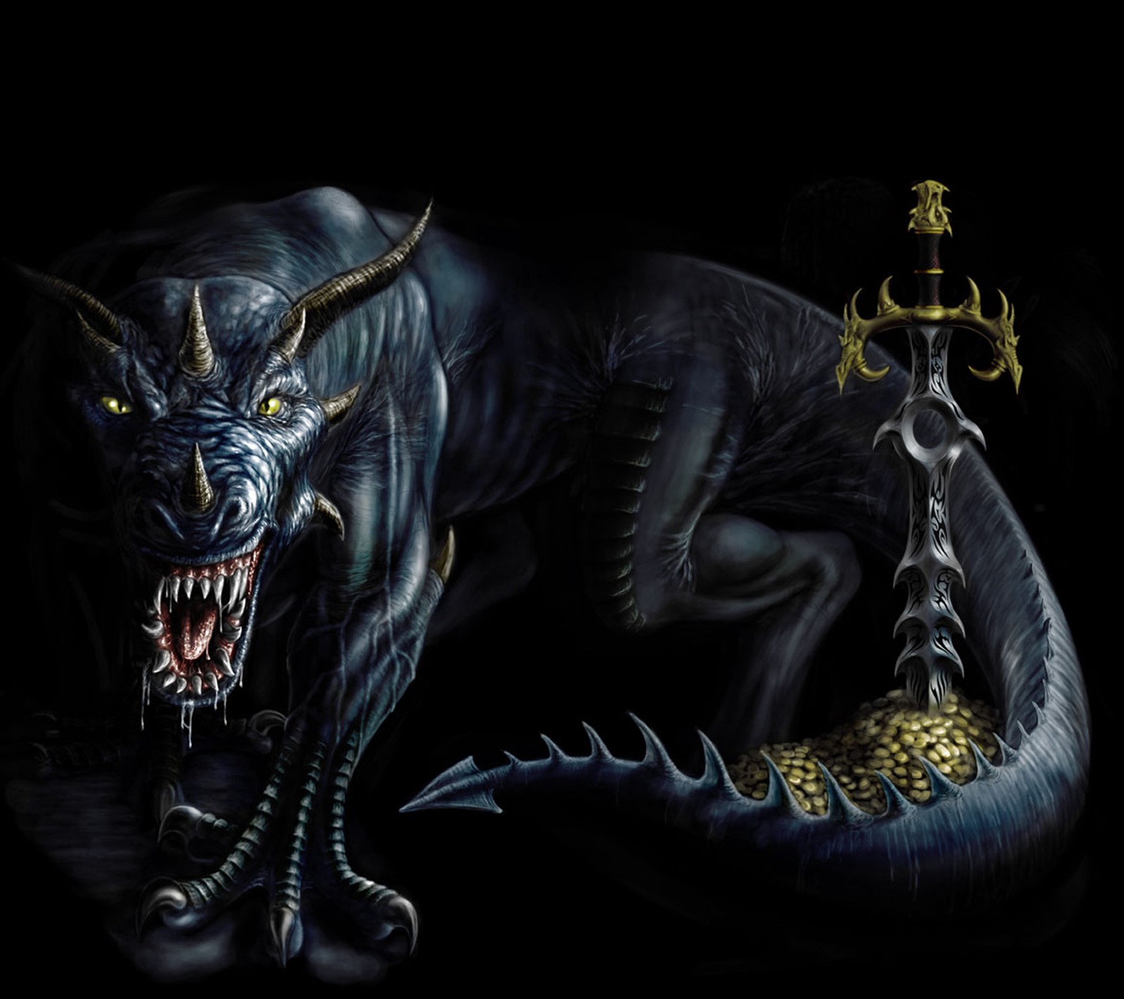 There is a black dragon with a sword and a sword in its mouth (dark, dragon, drake, gold, ophidian)