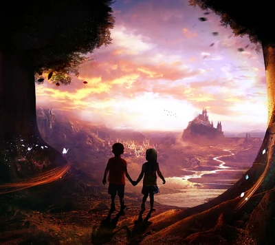 Children Holding Hands in a Fantastical Landscape at Sunset