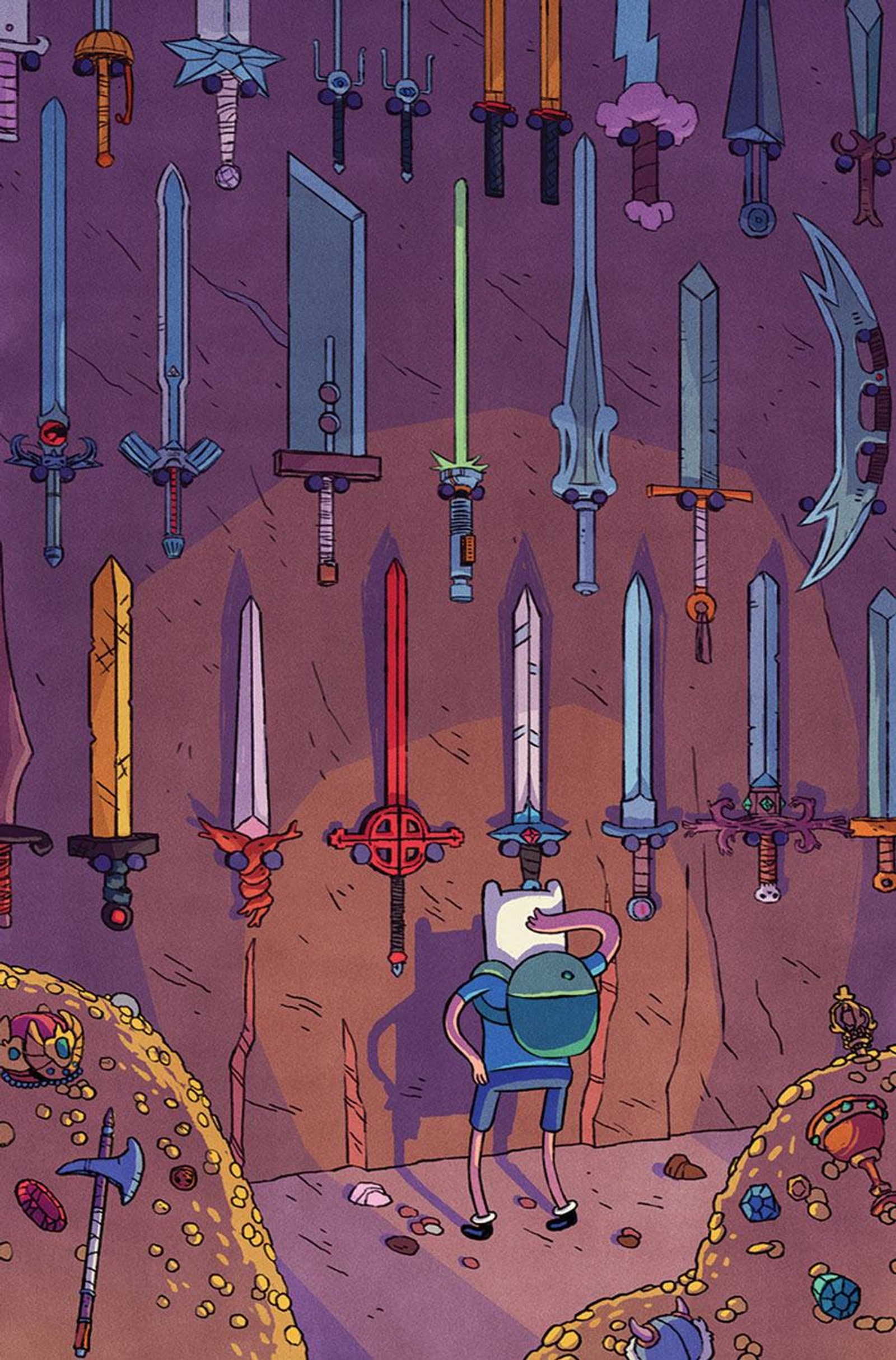 Cartoon character standing in front of a wall of swords (adventure, funny)