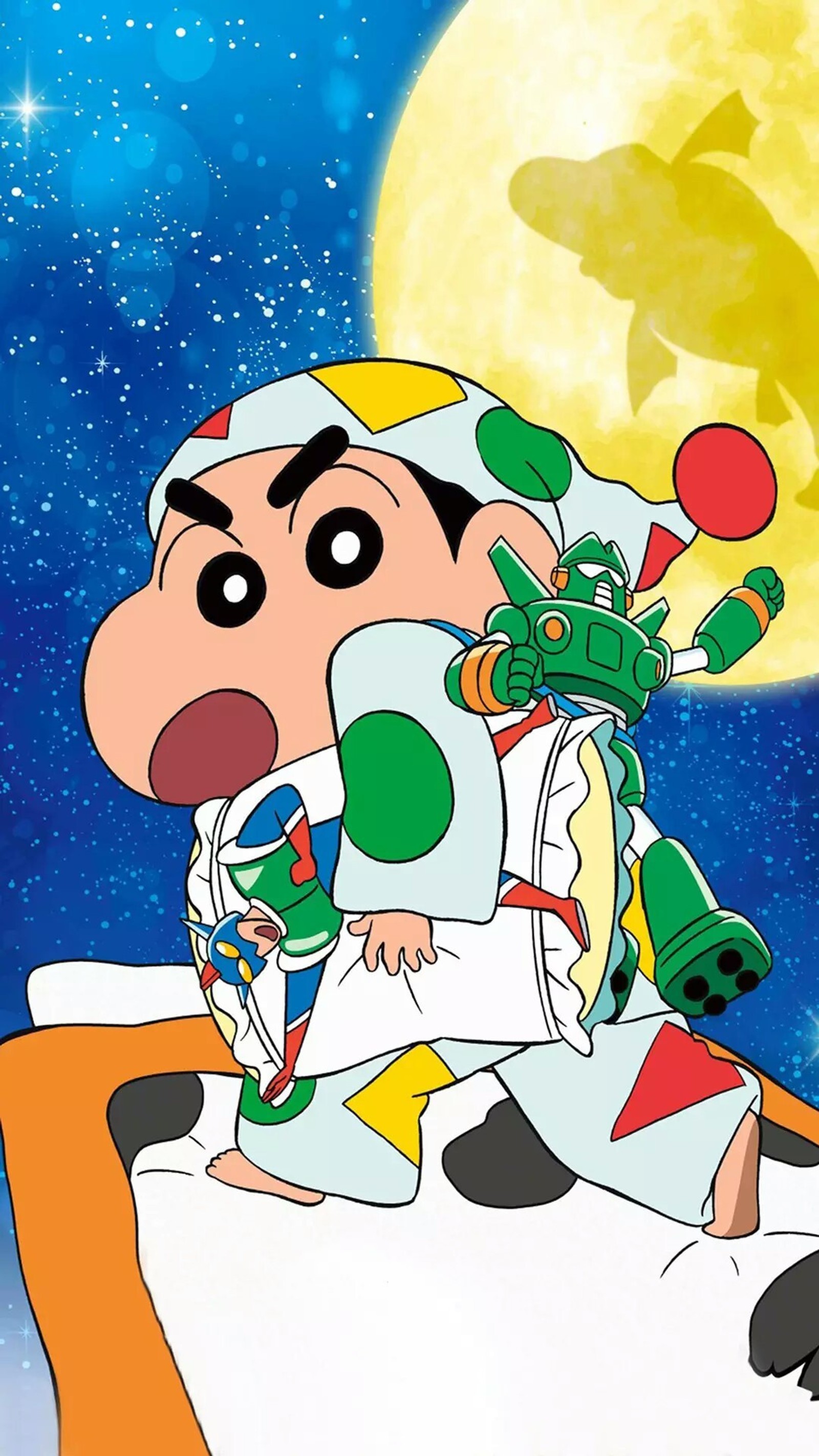 Cartoon character with a space suit on on a blanket in front of a full moon (anime, shinchan)