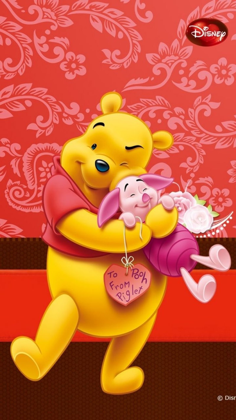 Winnie the pooh hugging her baby girl with a pink heart (cartoons, happy, poohbear)