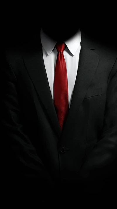 Elegant Black Suit with Red Tie in Dark Setting