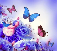 Vibrant Blue Butterflies Amidst Pink and Blue Roses in Spring