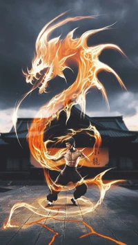 Dynamic Martial Arts Scene with Fiery Dragon Element