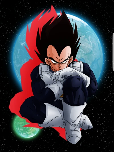 Vegeta in einer dynamischen Pose mit einem kosmischen Hintergrund, der Stärke und Intensität im Dragon Ball-Universum verkörpert.