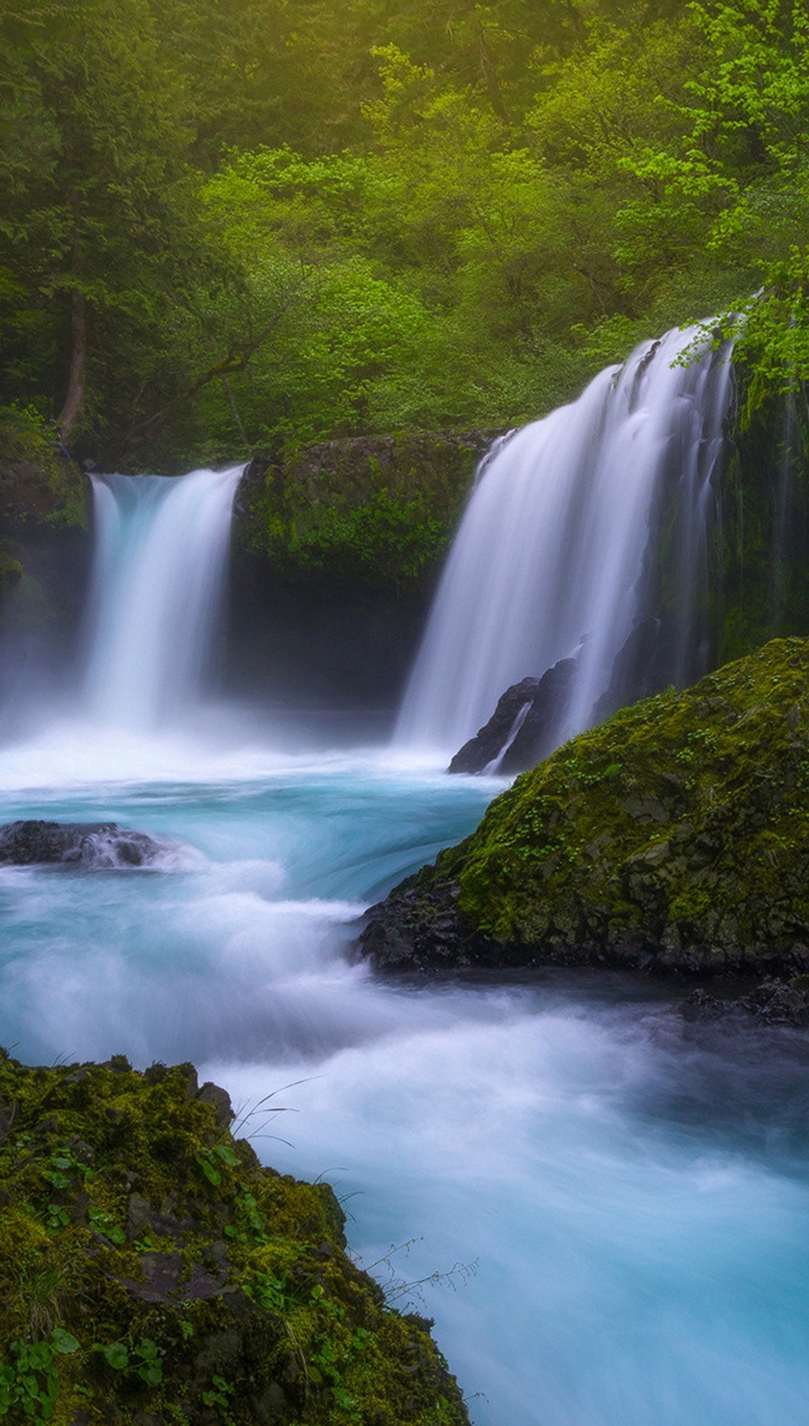 Cachoeira no meio de uma floresta com água azul (beleza, natureza, cachoeiras)