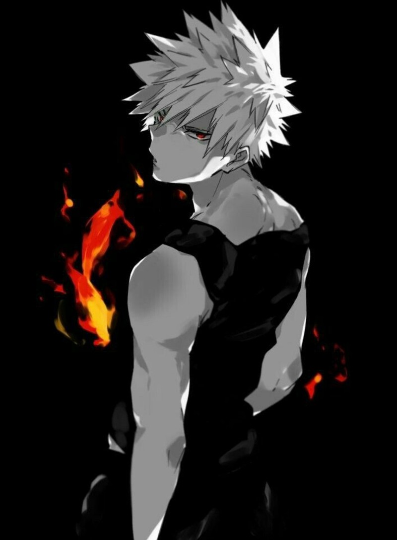 Черно-белая фотография мужчины с огнем в руке (бакугou, bakugou, мхга, bnha, кацуки)