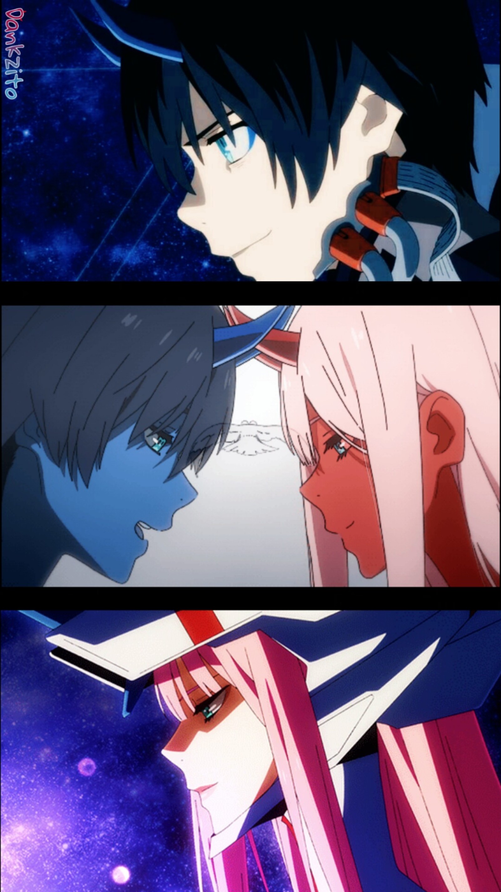 Two anime characters are staring at each other in the same picture (anime, azul, colores, darling, darling in the franxx)