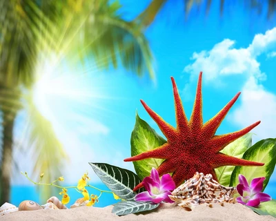 plage, fleurs, étoile de mer, été, tropical