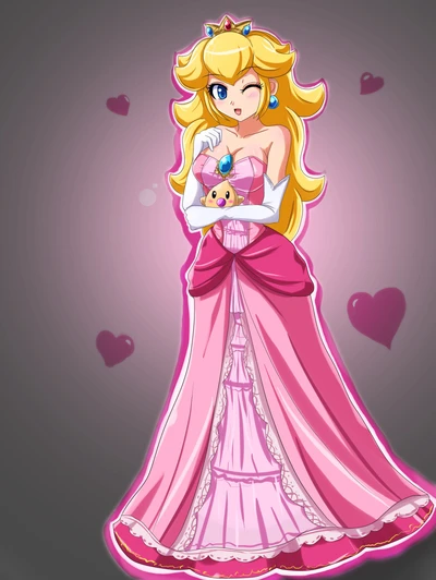 Princess Peach Winking in Elegant Pink Dress with Cute Companion