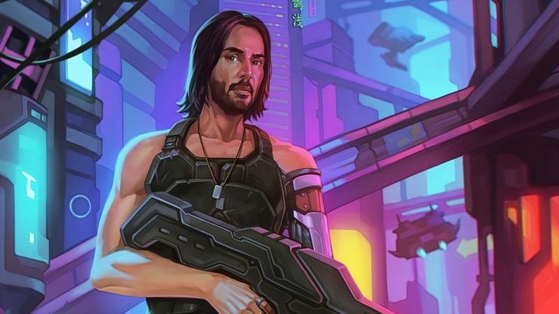 Мужчина с пушкой в футуристическом городе (киану ривз, keanu reeves, cyberpunk 2077, приключенческая игра, игры)