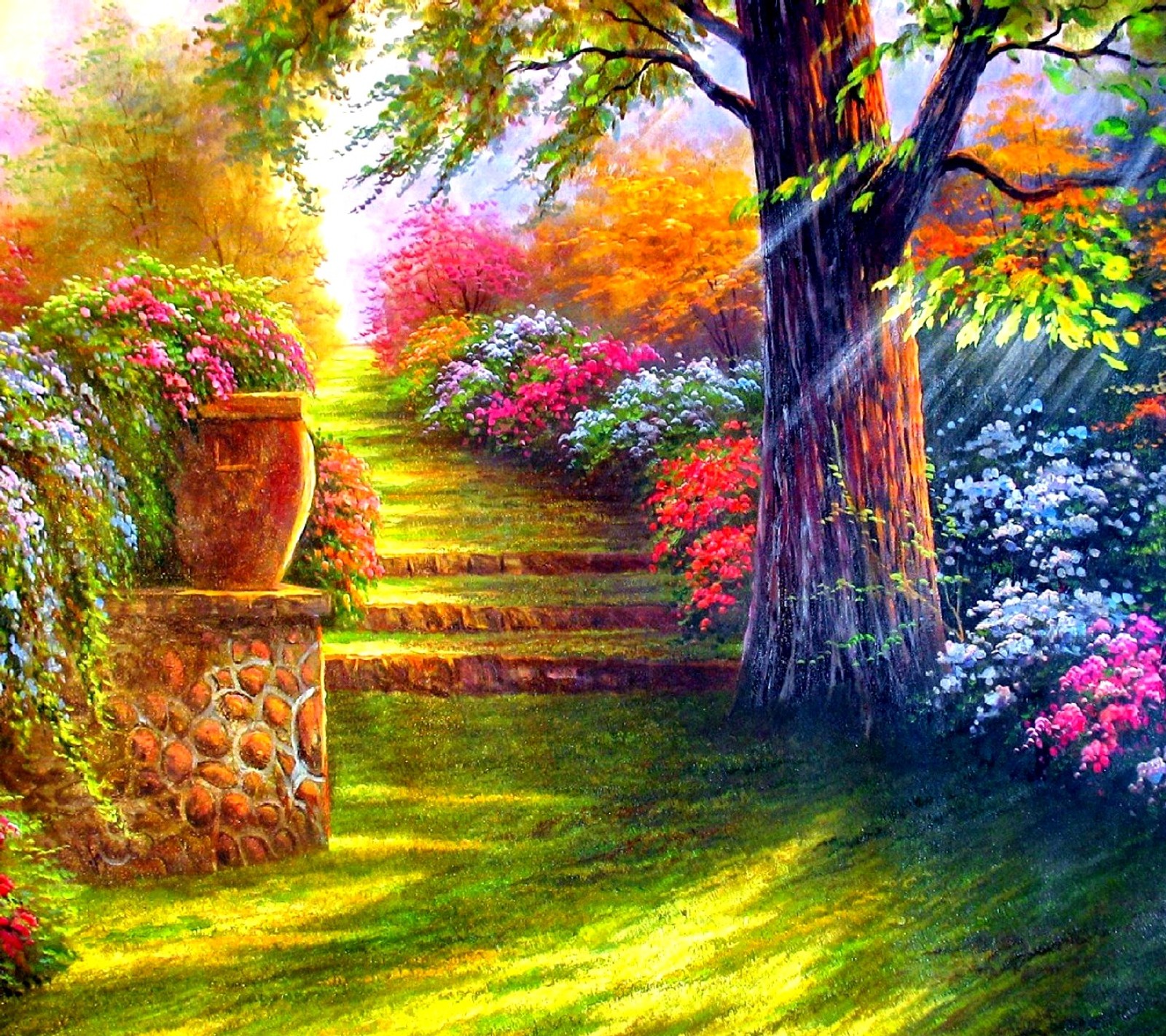 Painting of a garden with a stone staircase leading to a tree (nice)