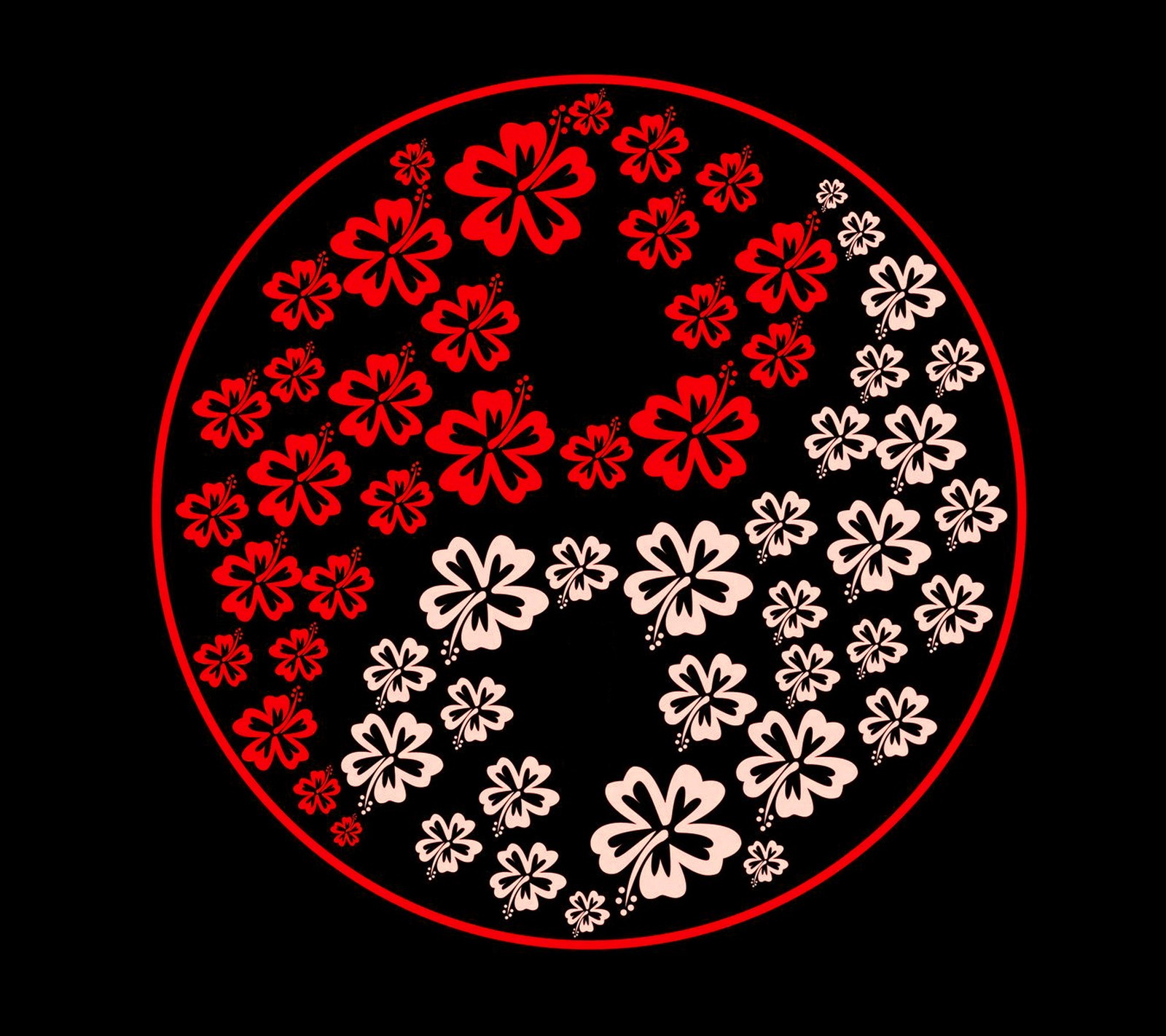 Um design circular vermelho e branco com flores nele (abstrato preto, yin yang symbol)