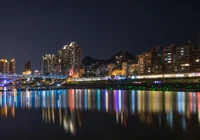 Horizonte vibrante de Taipéi reflejado en el agua por la noche