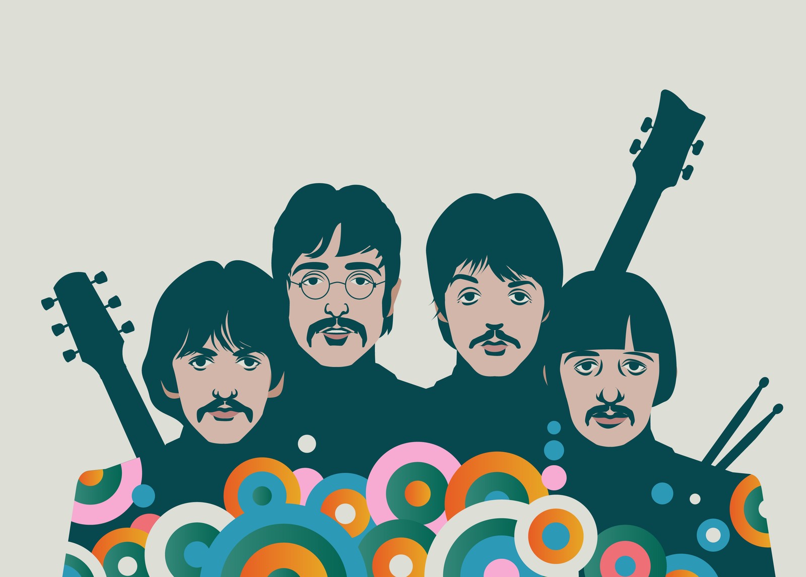 Un gros plan d'un groupe de personnes avec des guitares et une guitare (the beatles, illustration, 5k, john lennon, paul mccartney)