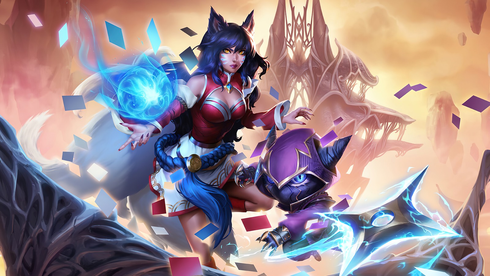 Eine frau in einem rot-blauen outfit hält einen blauen kristall (ahri, kennen, lor, legends of runeterra, videospiel)