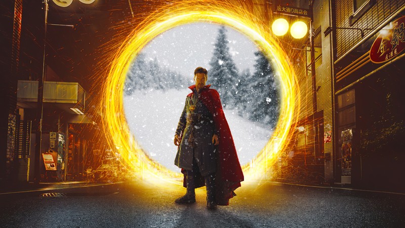 Мужчина в плаще стоит перед огненным кругом (доктор стрэндж, doctor strange, киновселенная marvel, marvel cinematic universe, супергерой)