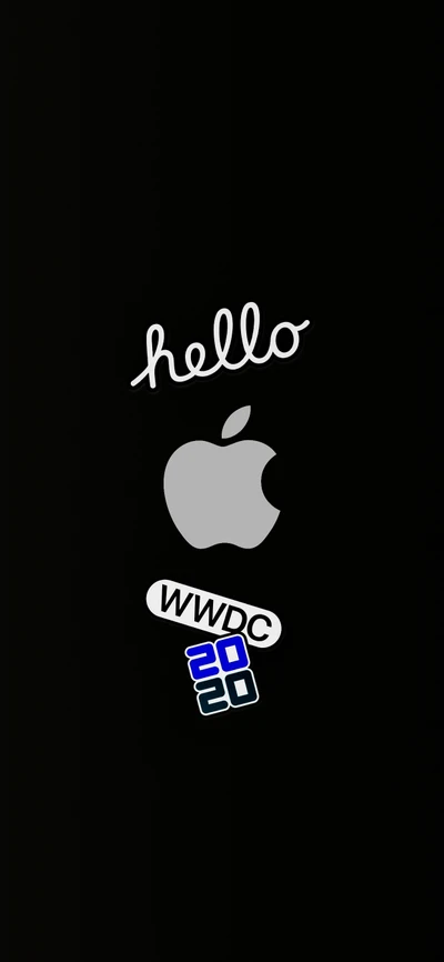 Logo Apple avec WWDC 2020 et texte "bonjour" autocollants sur fond noir