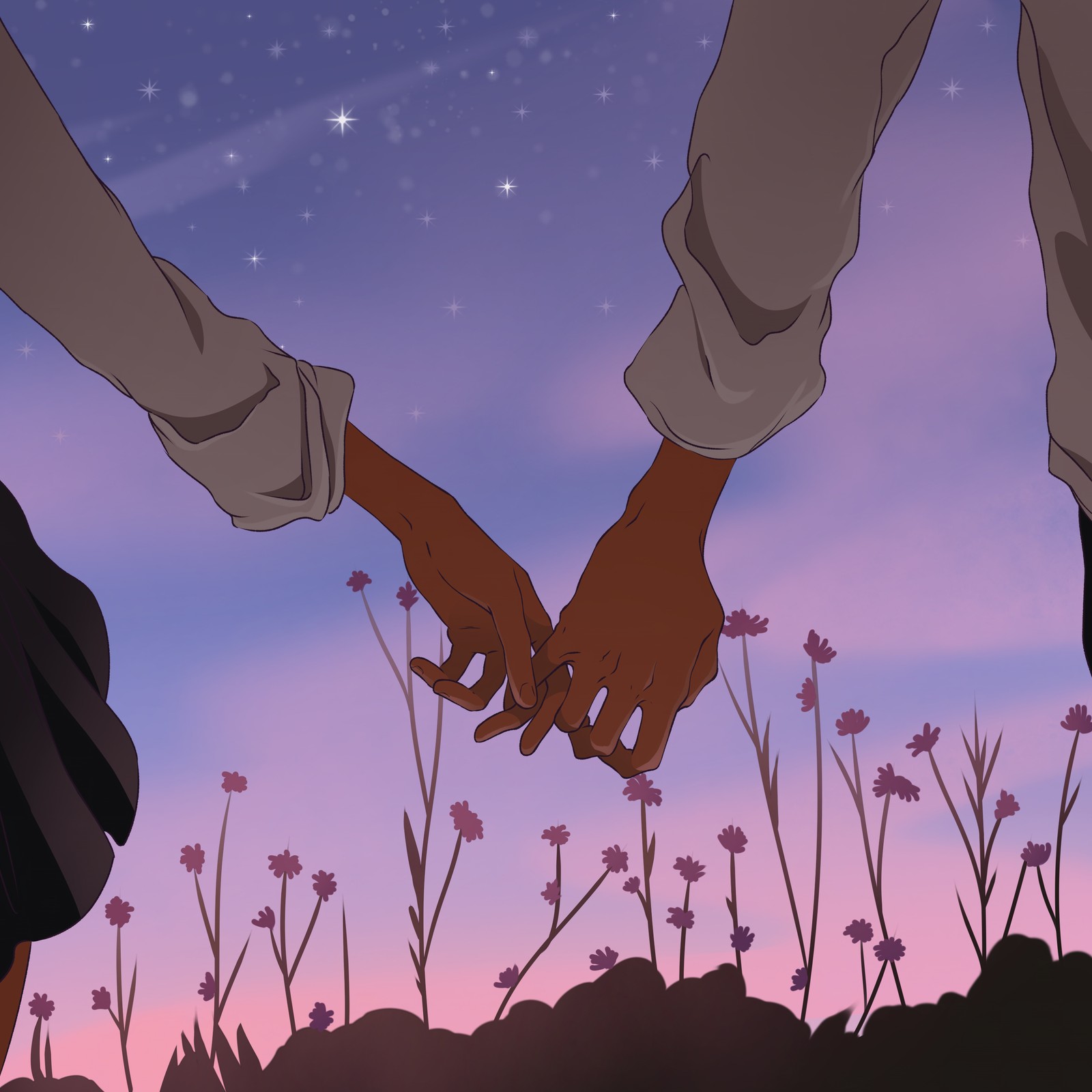 Anime couple holding hands in a field of flowers at night (lofi, couple, hands together, 5k, love)