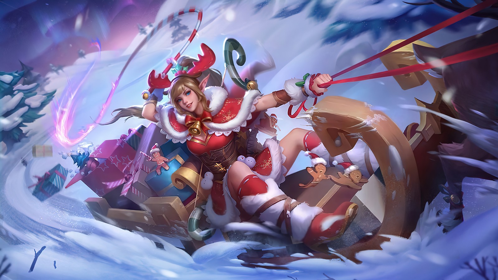 Gros plan sur un personnage de dessin animé montant sur un traîneau dans la neige (miya, carnaval de noël, mobile legends, bang bang, mlbb)