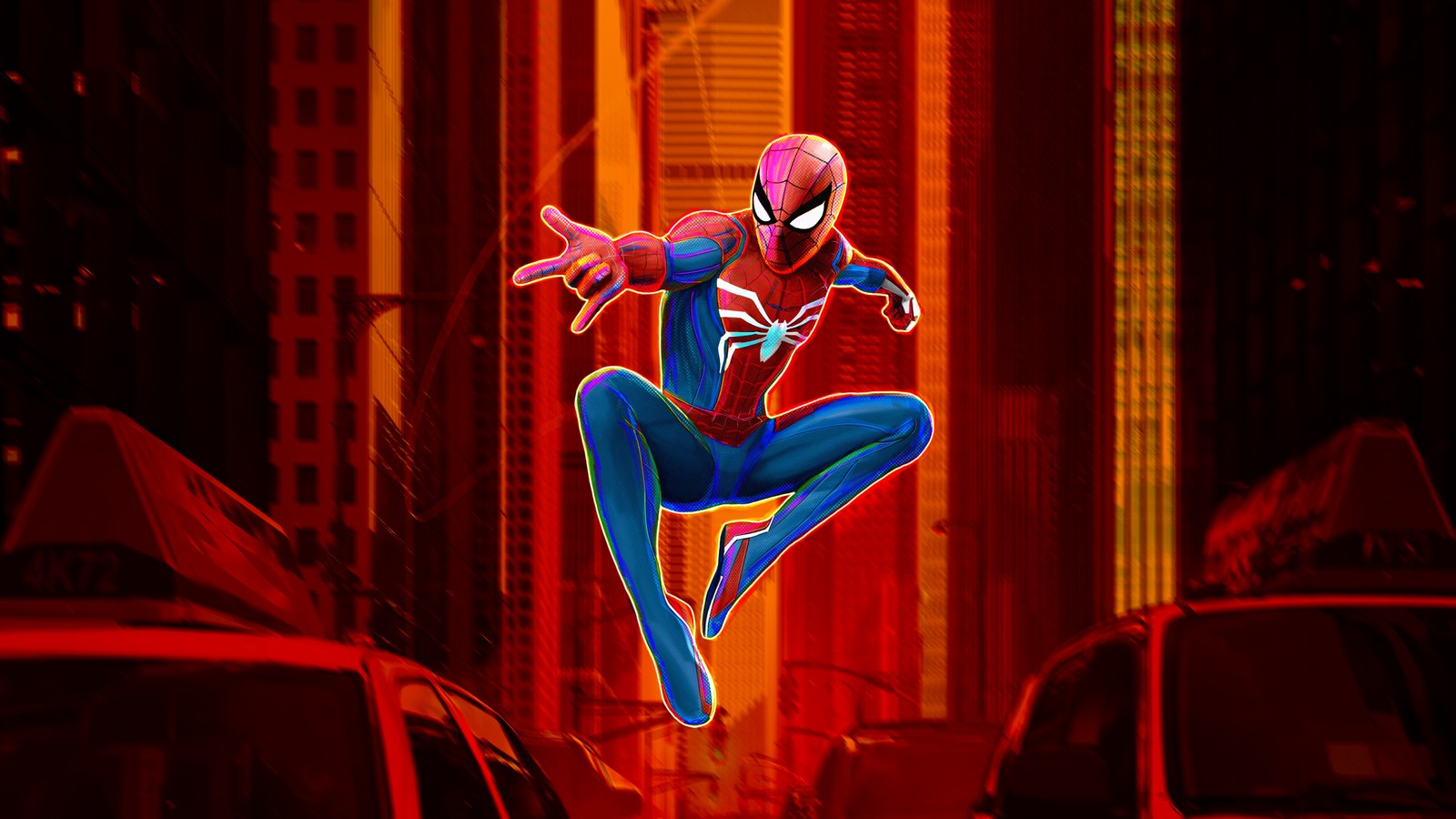 Spider-man dans la ville la nuit (spider man, films 2023, spider man à travers le spider verse, spider man across the spider verse, marvel comics)