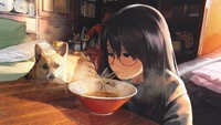 Chica de anime disfrutando de fideos con su compañero corgi