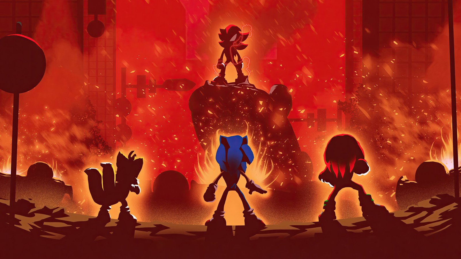 Sonic le hérisson et ses amis se tiennent devant un feu (sonic the hedgehog 3, film, sonic 3, personnages)