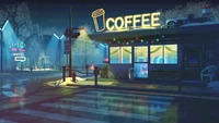 Nighttime Crosswalk by a Cozy Coffee Cafe