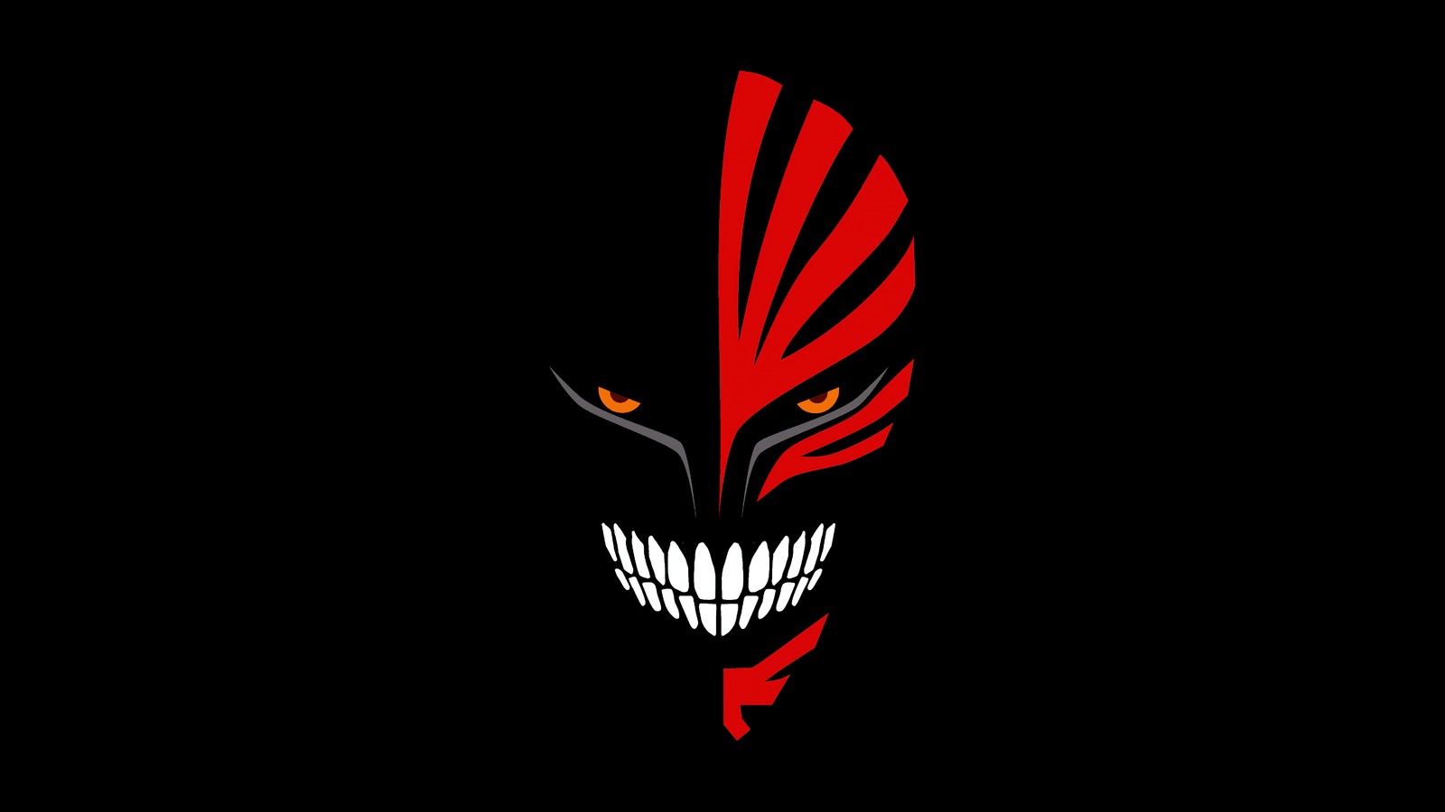 Primer plano de una cara roja y negra con una gran sonrisa (ichigo kurosaki, amoled, bleach, fondo negro, máscara hueca)