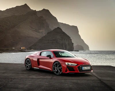 Audi R8 V10 Performance RWD на фоне потрясающего прибрежного пейзажа.