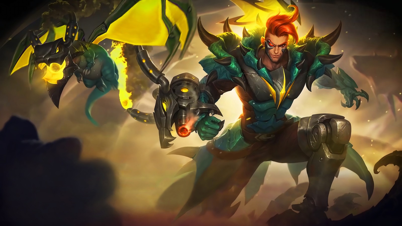 Un homme avec une tête de dragon et une cape jaune sur la tête (claude, mobile legends, jeu vidéo)