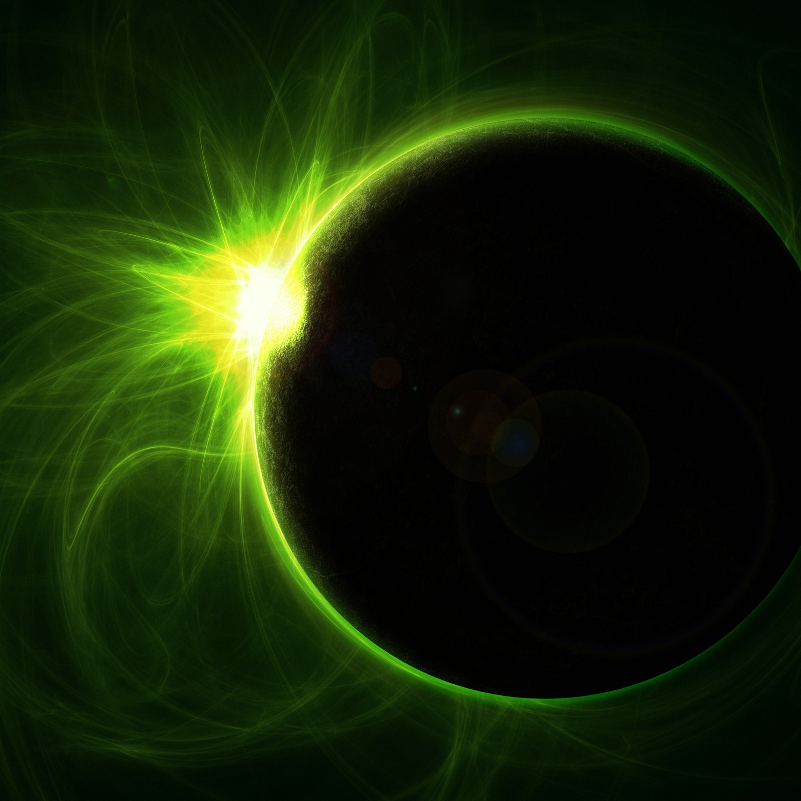 A green and black image of a sun with a bright light (green, light, circle, space, lens flare)