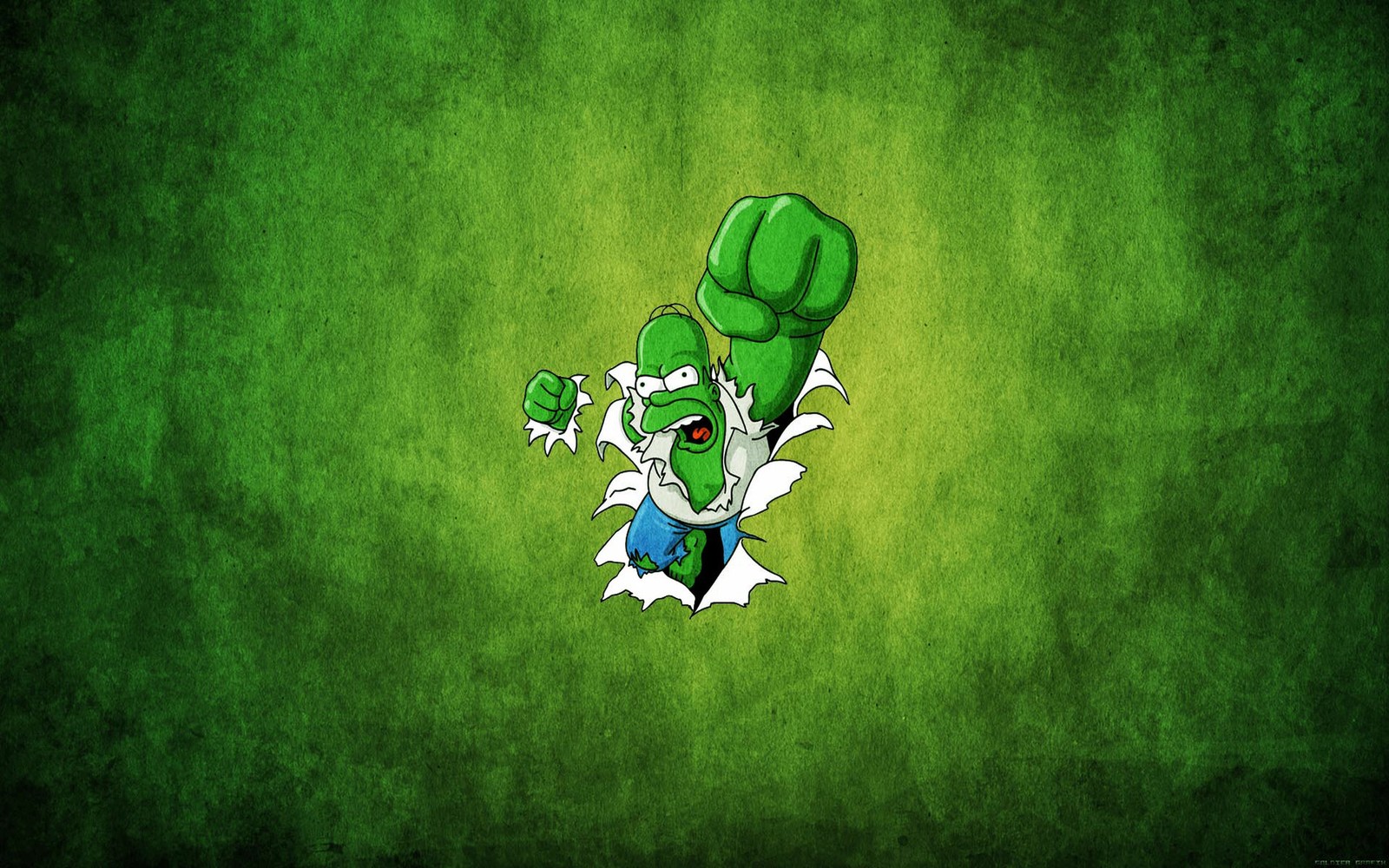 A cartoon character with a green fist in his hand (homer simpson, hulk, green, grass, plant)