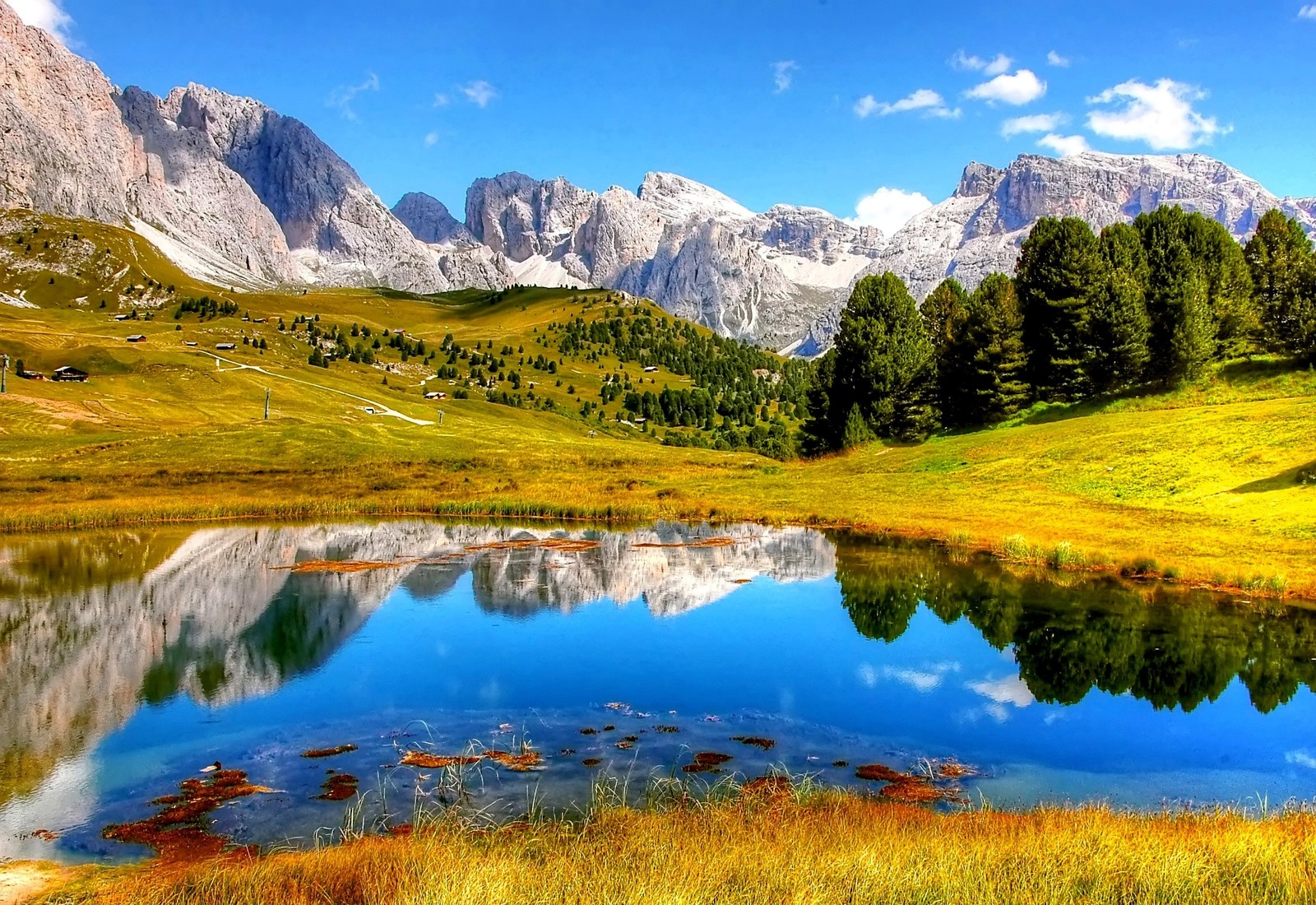 Uma vista de um lago no meio de um campo de grama (montanhas, lago, dia ensolarado, verão, paisagem)