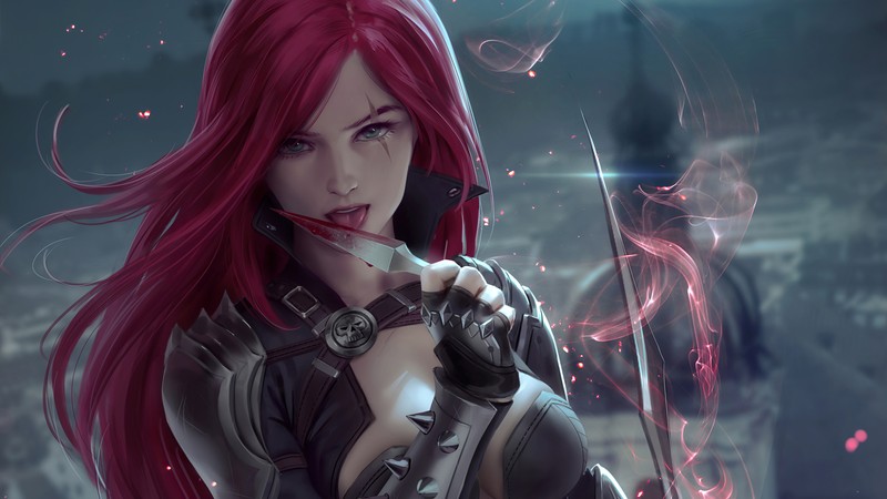 Крупный план женщины с красными волосами, держащей меч (катарина, katarina, league of legends, lol, видеоигра)