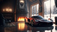 Supercar Ferrari dans un cadre de chalet d'hiver confortable