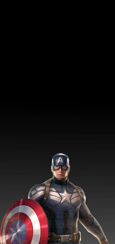 Captain America in his iconic costume, wielding his shield, set against a dark backdrop.