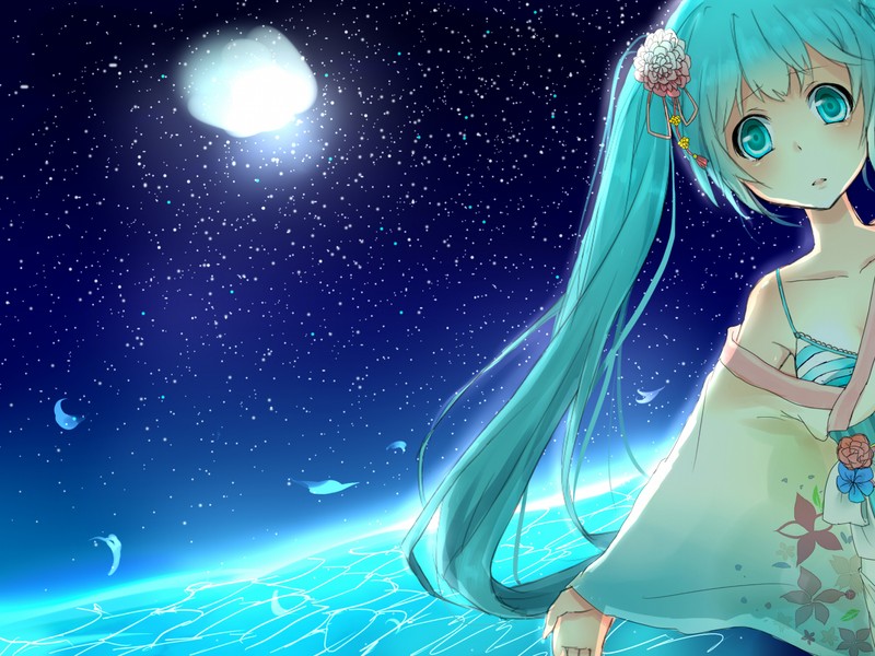 Anime girl with long blue hair and blue eyes standing in the water (space, blue, sky)