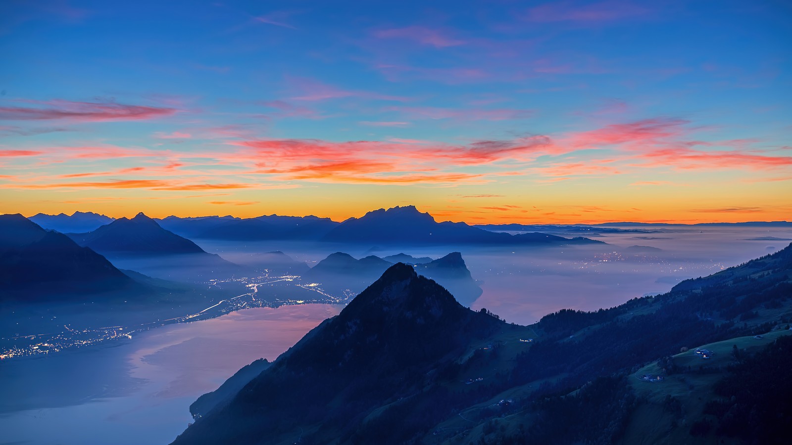 switzerland, mountain, mountains, fog, sunrise wallpaper