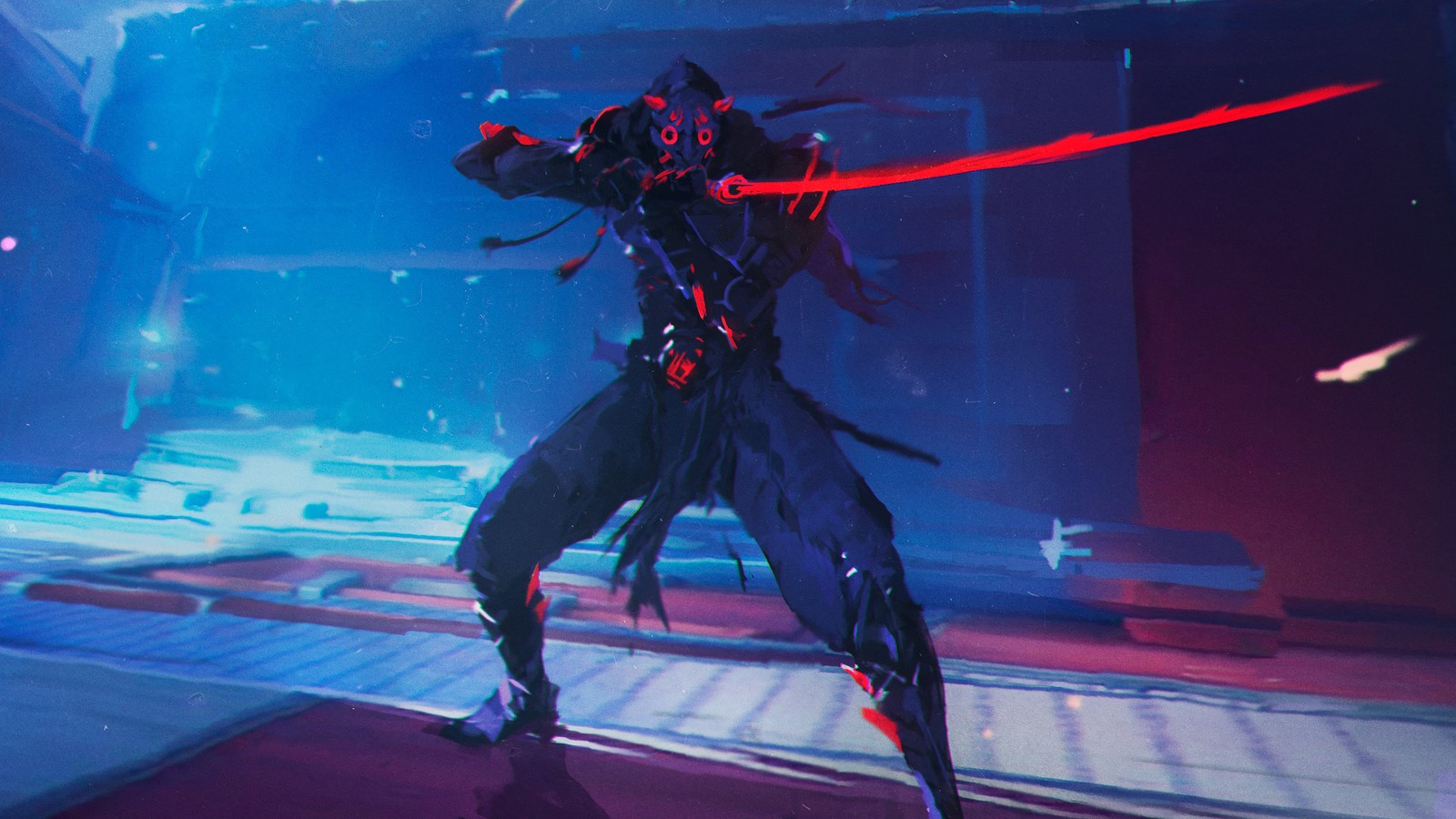 A man in a black outfit holding a red light saber (demon, genji, overwatch, video game)