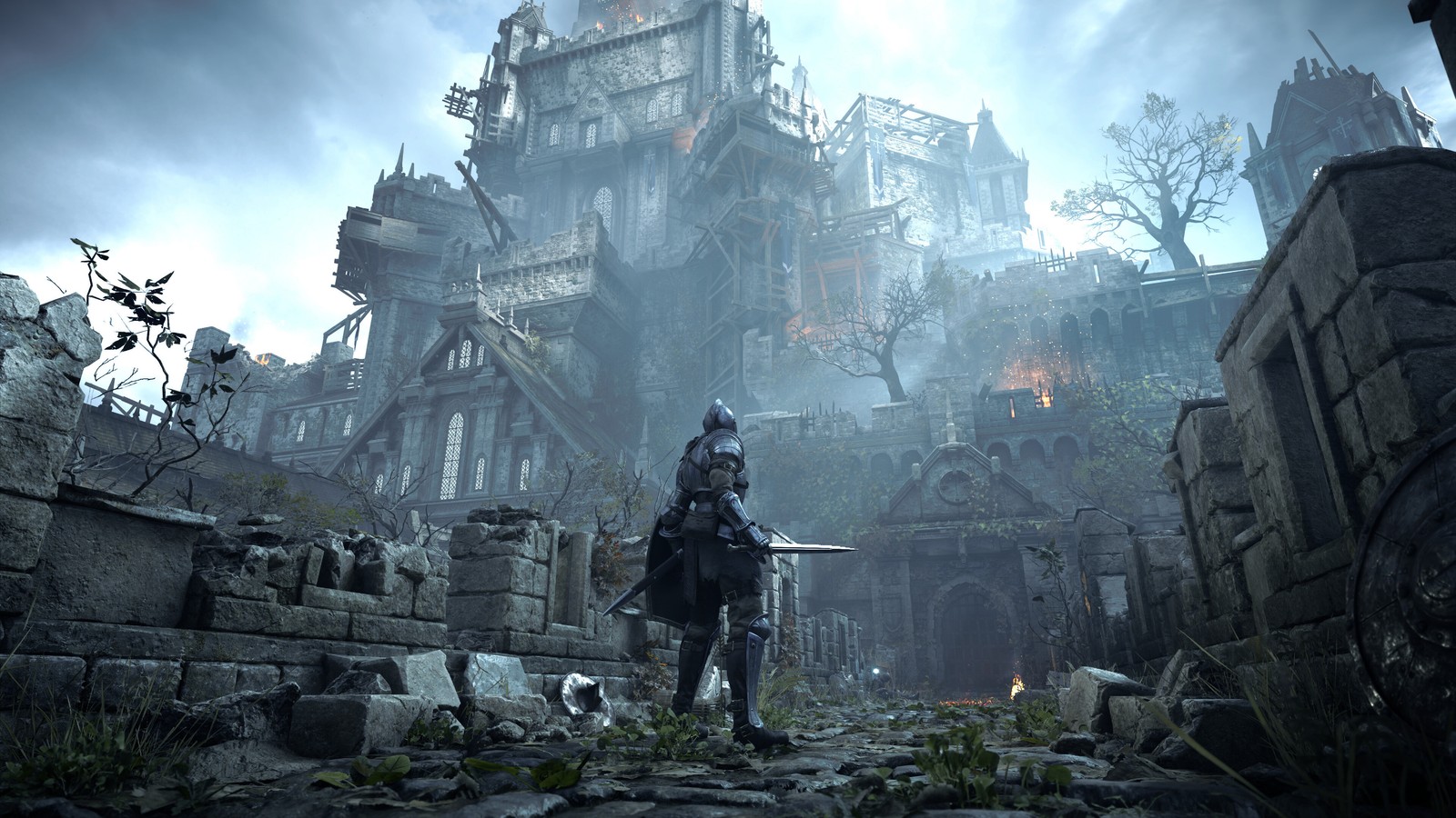 Arafed image of a man in a dark knight outfit standing in front of a castle (demons souls, video game)