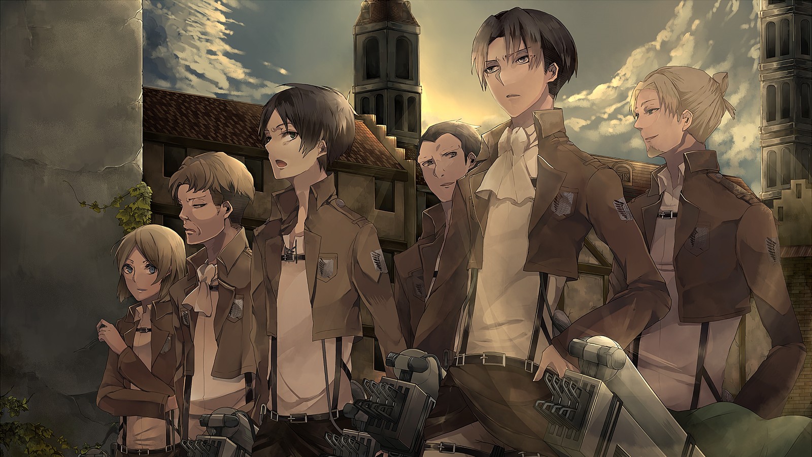 A group of people standing in front of a building with a clock tower in the background (levi ackerman, eren yeager, survey corps, attack on titan, shingeki no kyojin)