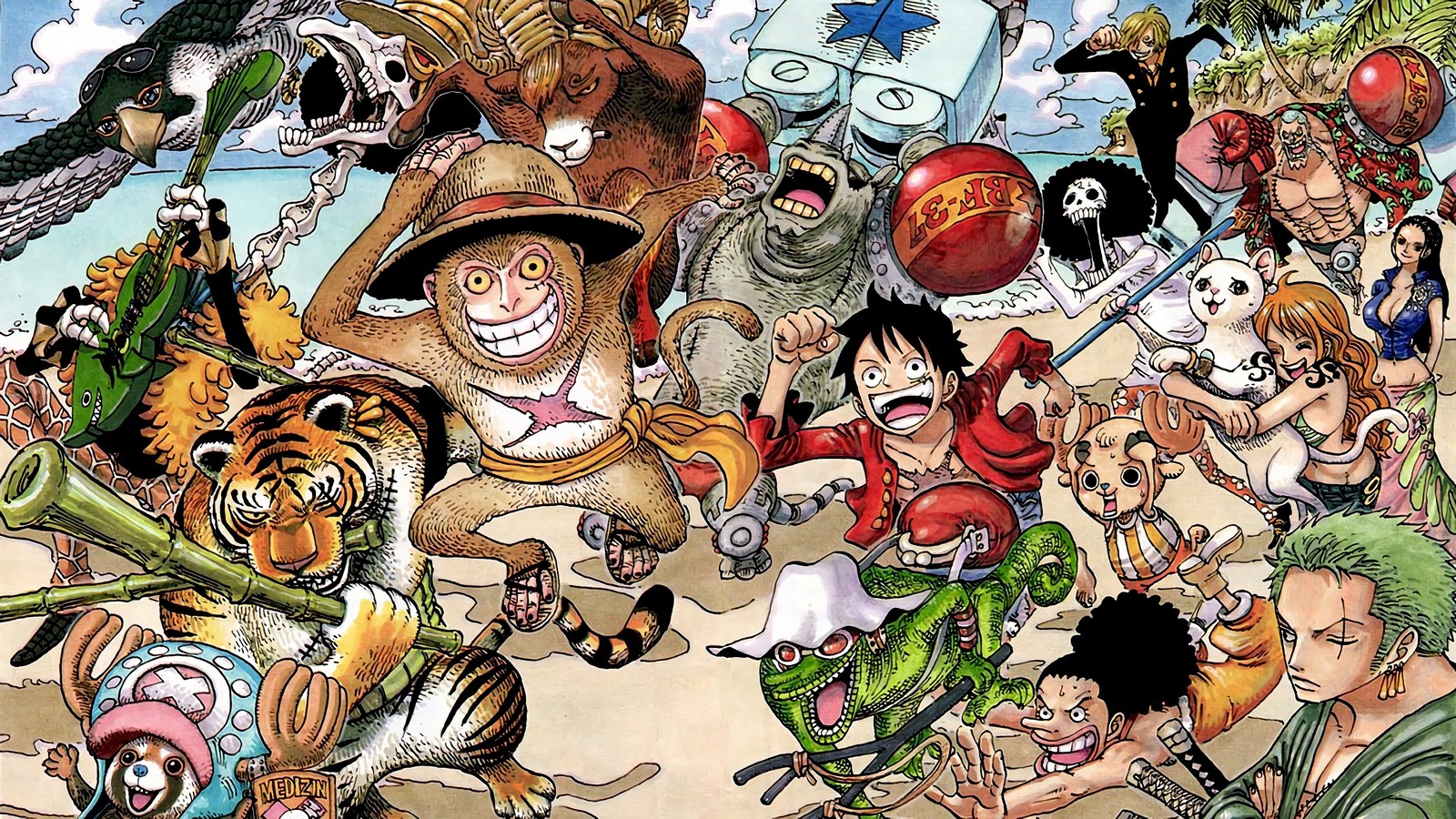 A cartoon picture of a bunch of people with many different faces (one piece, anime, straw hat pirates, monkey d luffy, usopp)