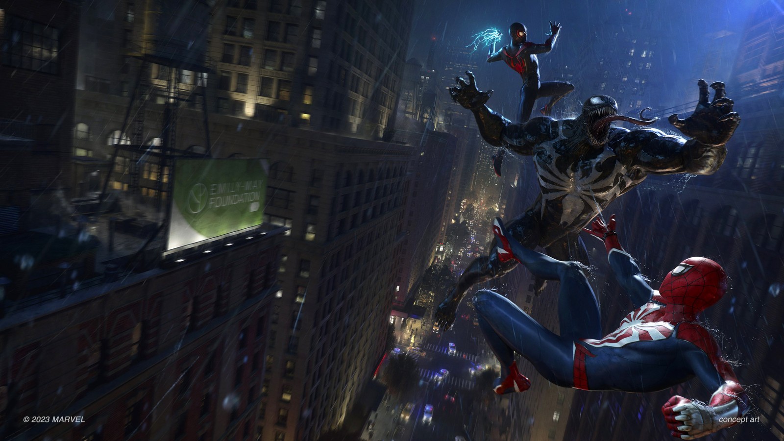 Spider-man springt über eine stadt im spider-man-spiel (marvels spider man 2, miles morales, spider man, playstation 5, spiderman)