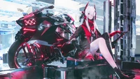 Lucia de Punishing Gray Raven sur une moto futuriste dans un paysage cybernétique