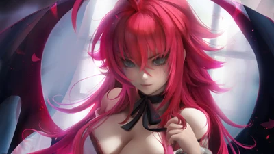 Rias Gremory de High School DxD en una pose llamativa con cabello rojo vibrante y alas parecidas a las de un murciélago.