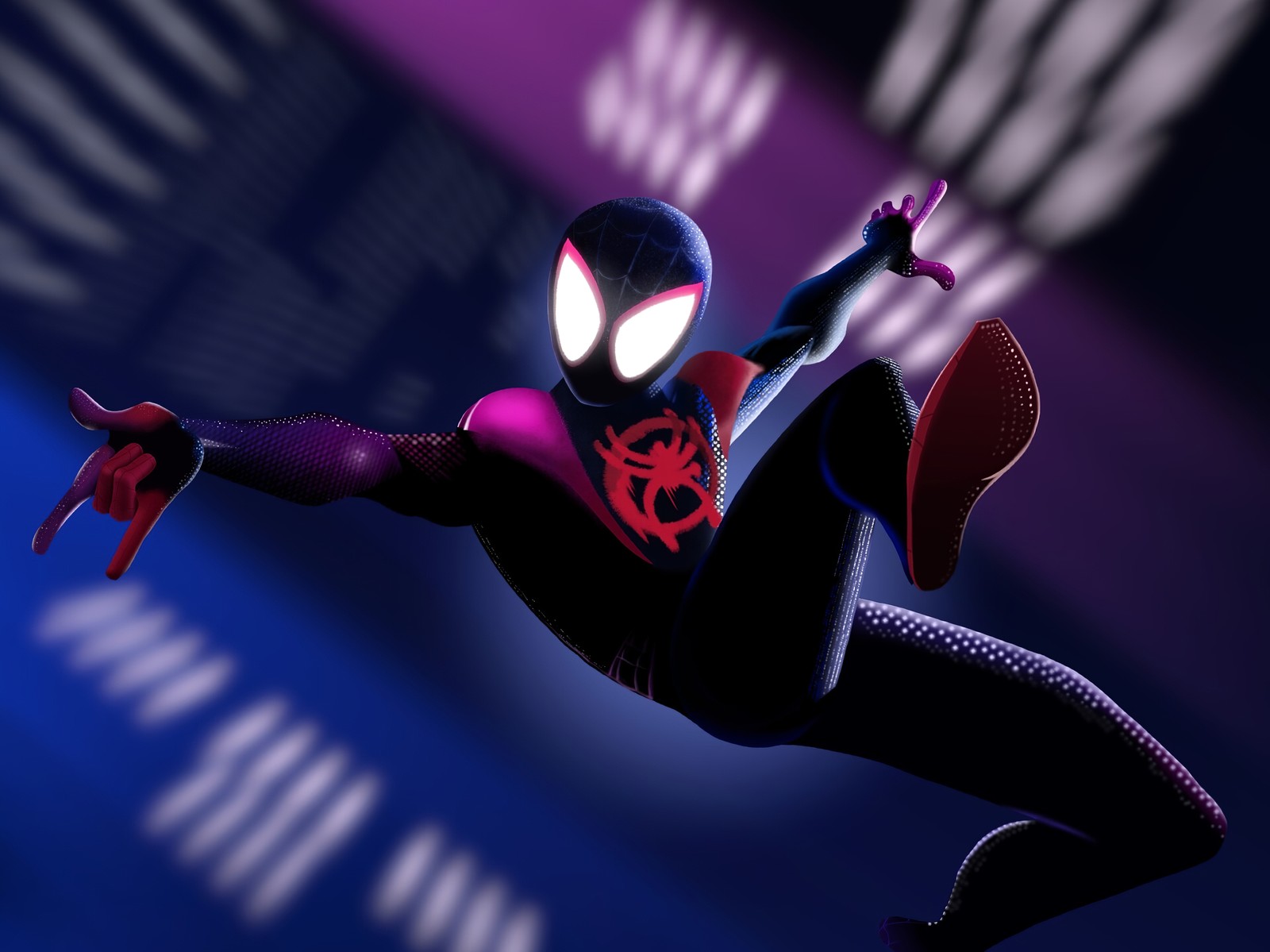 Spider-man dans un costume noir avec des accents rouges et bleus (miles morales, spider man, marvel comics, spiderman, graphismes cgi)