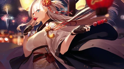 Shoukaku de Azur Lane célébrant avec des feux d'artifice